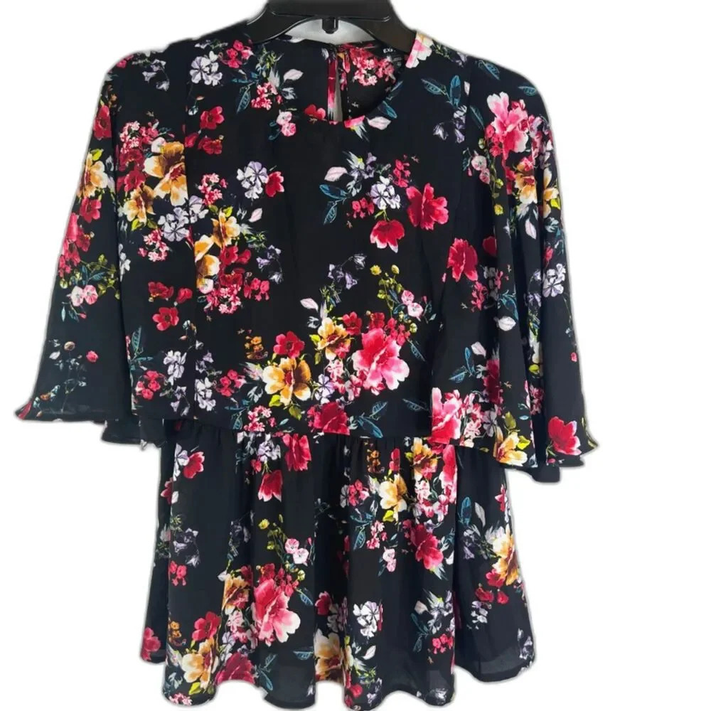 Express Black Floral Flutter Sleeve Peplum Cottage Core Blouse Women's Size XS